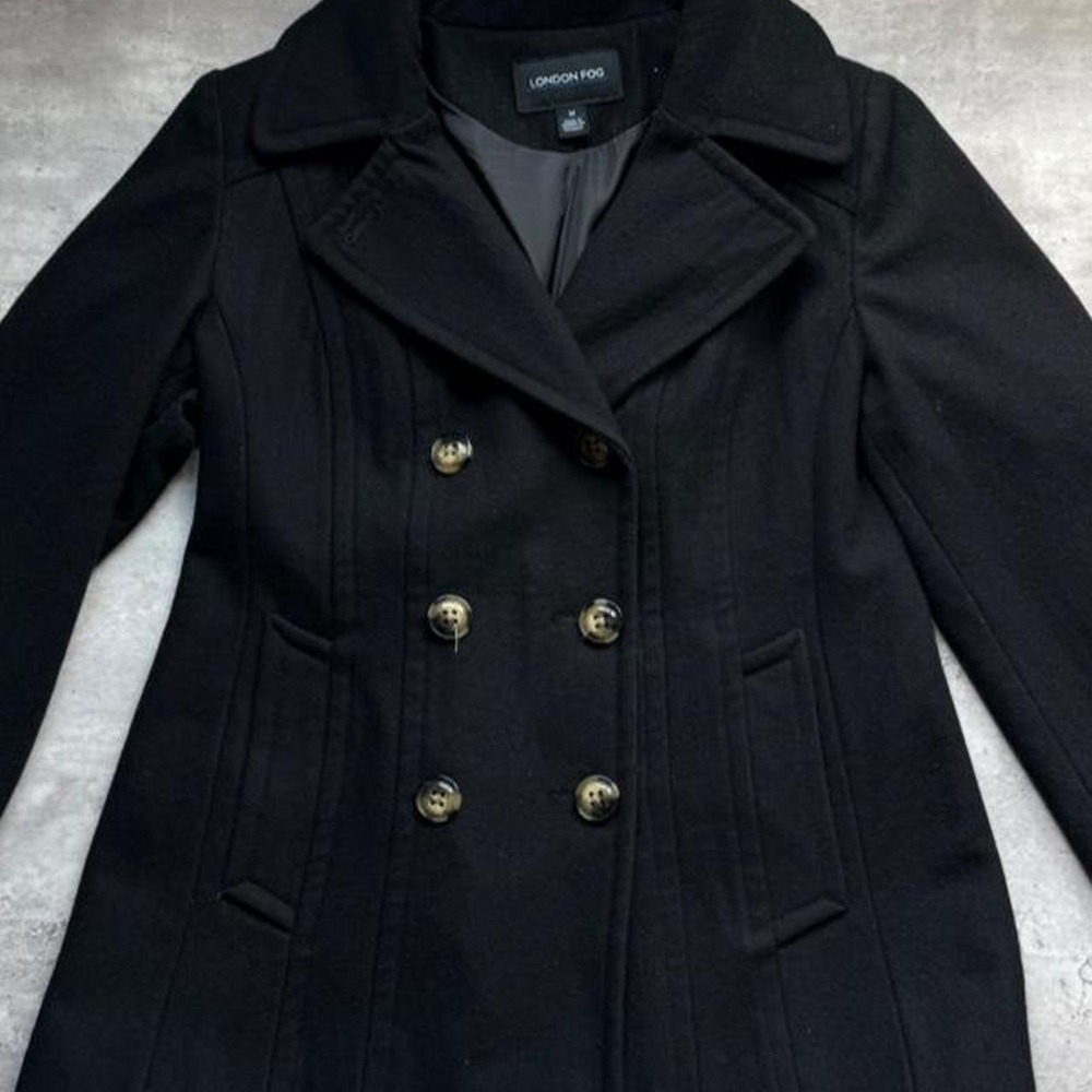 London Fog Black Pinstripe Peacoat Women Medium Double Breasted Winter Jacket